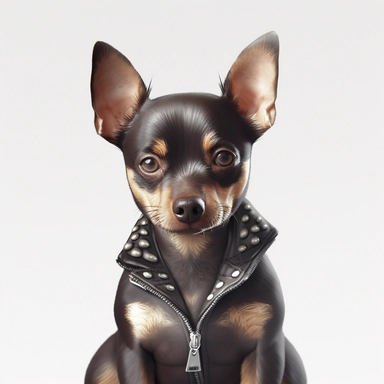 pinsher dog dressed as a rocker = very elegant, clear and detailed white background clipart at the beginning of the description. The pinsher is dressed in a black leather jacket adorned with metal studs and zippers, paired with black leather pants and combat boots. The jacket has a classic collar and a cropped silhouette, creating a stylish and edgy look for the pinsher. The outfit is complete with a black leather collar with silver hardware, matching the jacket. The image is beautifully detaile