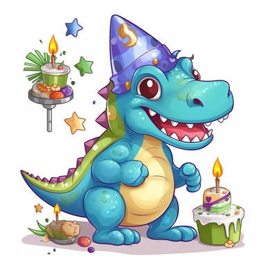 a foolish and cute dinosaur having fun in a birthday party, clipart style, white bg