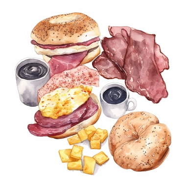 bagels, hash browns, biscuits, corned beef, steak and eggs, watercolor, clipart, white background