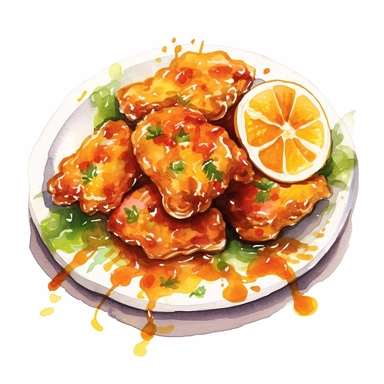 an appetizing watercolor clipart image with a white background, capturing the vibrant colors and flavors of a plate of orange chicken, made with crispy fried chicken and a tangy orange sauce.