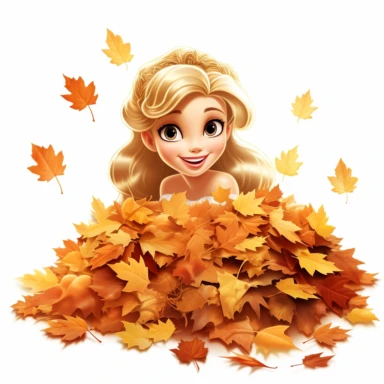 A princess cindrella from Disney franchise sneaking out her head out of maple leaves stack, so many maple leaves in the center of the image,smiling, halloween, pixar style, clipart, white background , fall scene, swag cut