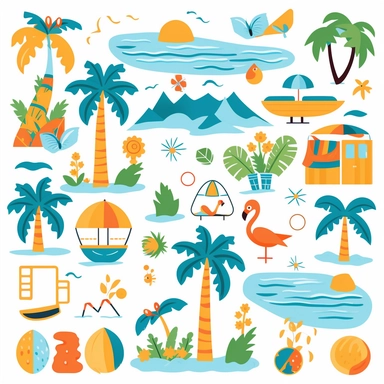 Create a collection of vector art and clipart inspired by a tropical island paradise. Design a vibrant and lively cartoon-style illustration in 2D that exudes the essence of a tropical getaway. Include elements such as palm trees swaying in the breeze, pristine white sandy beaches, crystal-clear turquoise waters, and a colorful coral reef. Incorporate playful characters like sunbathers, snorkelers, surfers, and tropical birds to bring the scene to life. Add details like coconuts, seashells, beac