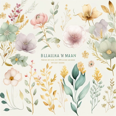 dreamy bohemian watercoloR flowers and wildflowers clipart, PREMADE pattern, colors of the element to be neutral with accent gold color, autumn colors and gold, no background, space for writing, NO WRITING, delicate and elegant, dreamy airy color, classic