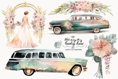 Watercolor clipart, Wedding car, limousine
