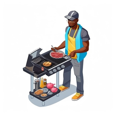 a 3D unrealistic image of a black man cooking on an outdoor grill dressed in summer clothes clipart, graphic vector, isolated on white background