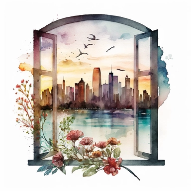 one Watercolor BIG Window WITH Chicago SUNRISE VIEW and little flowers clipart