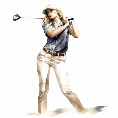 Idyllic watercolor clipart of a young modern female golfer with light hair in close-fitting Ralph Lauren golf clothes standing upright taking a swinging golf shot, isolated on a pure white background, insane detail,