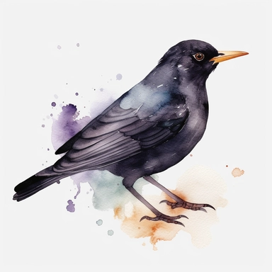 Watercolor blackbird clipart, white isolated background, space out, hd