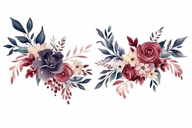 clipart set of 3, loose watercolor floral arrangements, navy and burgundy colors, isolated on white background