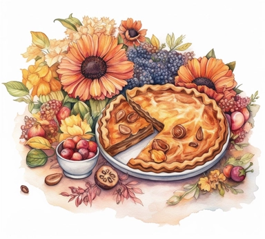 realistic burnished watercolored pencil pie social scene clipart, summer flowers, detailed, on white background, spaced out