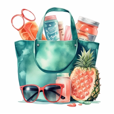 watercolor, hyper realistic, white background, white margins, 16k, ultra detailed clipart, cut out image, hand-drawn, whimsical A playful clipart featuring a summer tote bag filled with beach essentials like a towel, sunscreen, sunglasses, and a refreshing drink, ready for a day of fun in the sun. teal and coral