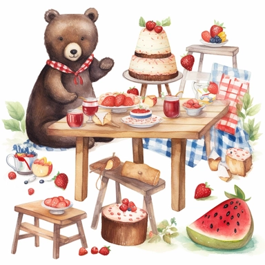 clipart set of woodland bear sitting at a picnic table with red gingham table cloth, on the table there is fruit and cake, party triangle bunton, whimsical watercolor painting, separated with white margins between each item, isolated on white background