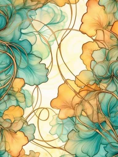 panel of amberwood, clipart, soft, flowing lines, elegant, Art nouveau, teal and amber color scheme, Alcohol ink watercolor, no background