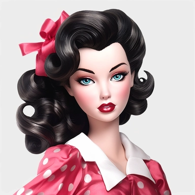 Beautiful pretty barbie doll 50's style, dark hair, paint art style, detail, clipart, white background, superrealistic, one of a kind