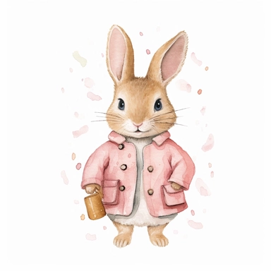 Watercolor svg clipart of a cute cartoon adorable Peter rabbit kawaii animal, illustration by Beatrix potter , pastel pink jacket, png isolated on white background