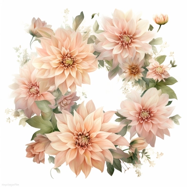 a simple gorgeous A wreath made with creamy peachy-light pink Café Au Lait Dahlia flowers and greenery on white background clipart, watercolor painting realistic, high quality, vibrant, Vicente Romero Redondo, Willem van Aelst