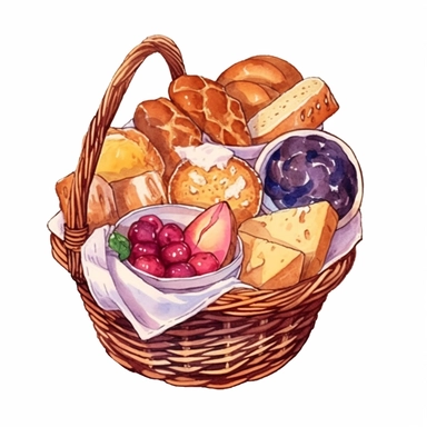 watercolor various breads on a white background with basket baskets full, in the style of grandparentcore, light maroon and light gold, poignant, loose gestures, made of all of the above, radiant clusters, folk/naïve Clipart desert cartoon t-shirt graphic, vector,contour, isolated on a white background
