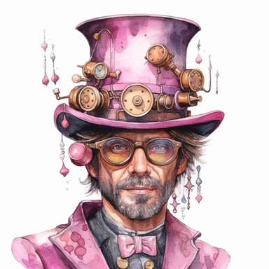 high quality watercolor clipart of a beautiful realistic man with a pink steampunk hat and glasses, white background, seperated, vector design, hd