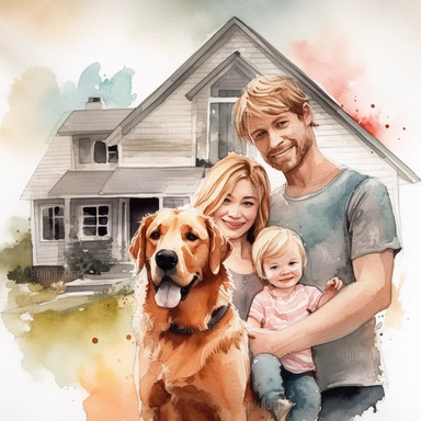 Home, Cute family with baby and dog on the side, surrounded by white background, clipart wide shot, very detailed, watercolor illustration, white background, cinematic, ultra hd, ar-- 2:3