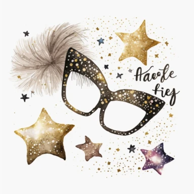 new years eve party, glitter, stars, watercolor, white background, clipart