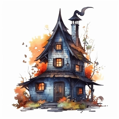 watercolor witch house, vintage style witch house, super high quality, professional watercolor clipart, high resolution, clip art, animals on the sides