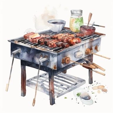 Watercolor BBQ Clipart - Barbeque grill kebab clipart , Watercolor Clipart , original hand drawing, style of the artwork, mood of the artwork, white background, 8K quality, ultra detailed , clipart, white background, High Quality, ultra detailed