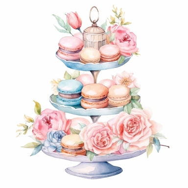 Clipart, Watercolor, Blush Floral Shabby Chic Tier Candy Tray with Sweets, Macarrons, Cakes and Cupcakes, light colors, hand-draw, texture