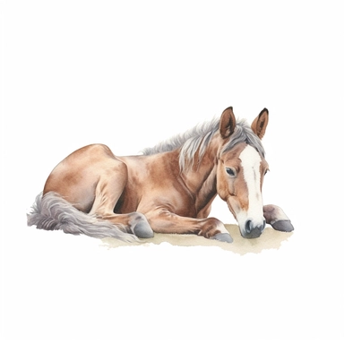 clipart, Watercolour, hand drawn, highly realistic, muted tones, beautiful, farm foal, whole foal laying down, white background, just foal nothing else