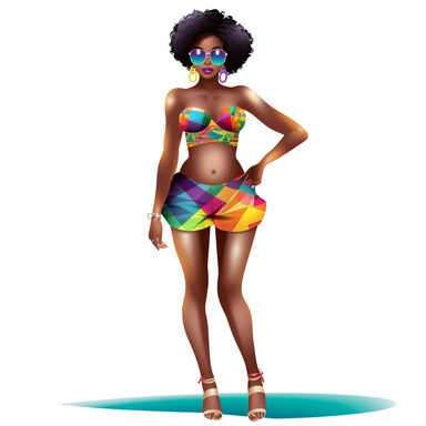 full body fashion black girl in a multicolored bikini clipart, hd