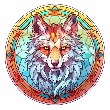Vintage Colorful Beautiful Round Stained Glass Wolf Sublimation Clipart,Cartoon,hyper realistic, intricate detail, illustration style,high solution,on the white background