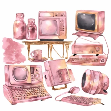 pink pastel, handpaint, computer clipart, laptop clipart, monitor clipart, T.V icons set, isolated white background, single design, sharp, bold , sweet pink, gold, hand-painted watercolor