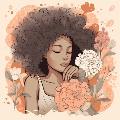 Clip art, low detail, Black Woman with Afro, Self-Acceptance and Serenity mood, Soft and Gentle color palette, Illustration of a serene black woman embracing herself with an afro, florals, expressing the affirmation I embrace my authentic self with compassion vector, contour, white background, clipart
