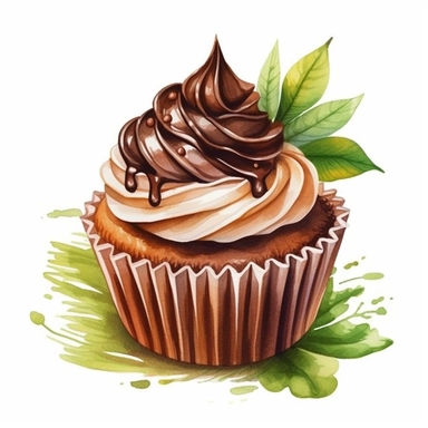 Design a clipart image of an chocolate cupcake in a watercolor style, with chocolate decoration and a topping. You can also add some colorful candy or chocolate chips to make it more attractive. You can add white flowers and green leaves to the design.