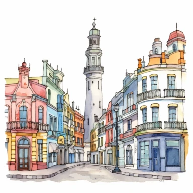 Very very cute and Whimsical street of Buenos Aires, cute houses, Obelisco, Plaza de Mayo, La Boca neighborhood, beautiful, colorful, Watercolored illustration in the style of Michael Powell, clipart, white background