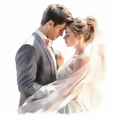 Wedding bride and groom, clipart, white background, in the style of elegant realism, muted and subtle tones, detailed painting, transparency and lightness