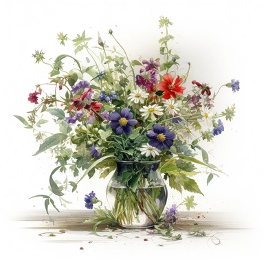 a simple gorgeous vase of mixed wildflowers and flowers with green foliage on white background clipart, deep purple, emerald green, and ruby red color theme, watercolor painting realistic, high quality, vibrant, Vicente Romero Redondo, Willem van Aelst, Elsa Beskow