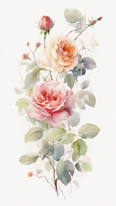 A mesmerizing clipart of Roses, rendered in a breathtaking watercolor style, presented on a white painting canvas with a 9:16 aspect ratio. The clipart showcases a vibrant collection of roses, ranging from deep crimson to soft pastel shades. Each rose is intricately detailed, with delicate petals and lush green leaves that exhibit the artist's skillful brushwork. The watercolor technique brings a sense of movement and fluidity to the artwork, with the colors blending harmoniously on the canvas. 
