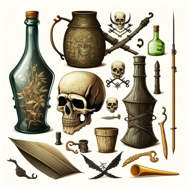 vintage bones, skulls, barrels, guns, swords, gin bottles, beer mugs, clip art, line art white background