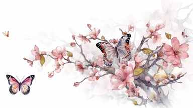 clip art Watercolor art of a cherry blossom branches, butterflies, with soft pastel hues, illustration in the style of Ayami Kojima and J.C. Leyendecker, pixiv, high quality, highly detailed,on white background