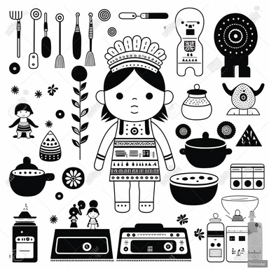 black and white collage toys and kitchen utensils for kids inspired by inca and maya art innocent illustration design only for kids vector flat clipart 2d funny for nursery decor lineart solid colors white background only