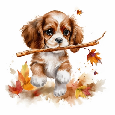 create a beautiful original high quality highly detailed watercolor clipart image of a very small happy and adorable king charles cavalier puppy playing fetch with a twig inside of the puppys mouth running through a fall and autumn setting, include high detail to the puppys fur and eyes, include detail to the scarf, include fall colors, white background, no text, no font, no words