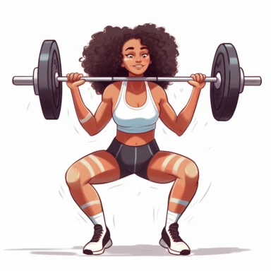 White Female Olympic weightlifting, brunette, sexy, squatting with barbell over head, detailed face, detailed hands, long beautiful hair, sports clothes, cartoon realistic art, clipart style, solid white background