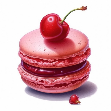 incredible detailed acrylic art macaron with cherry clipart, hyperrealism, clear picture in high resolution, highlights , white background, appetizing, clear and contrast image, reflections, very detailed drawing, menu illustration, realism, high quality, lighting like in a photo studio, advertising, hd