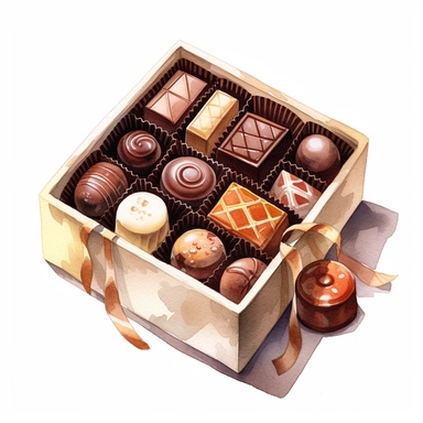 one chocolate box clipart on a white background, in the style of watercolor illustrations, tilt-shift lenses, detailed sketching, vibrant color choices, elaborate borders, isometric, assemblage pieces, no watermark, text, 300 DPI , typography, shapes do not stick together, no text in the picture, on a white background