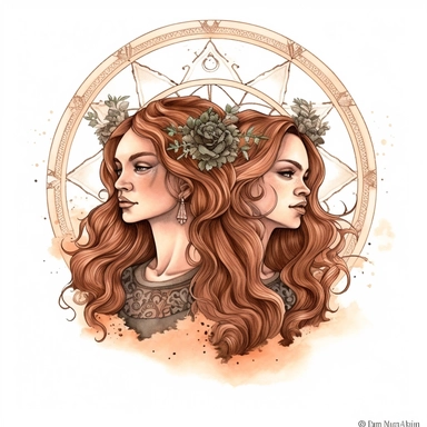 clipart Gemini, zodiac sign, boho style, natural colored, high resolution, white background