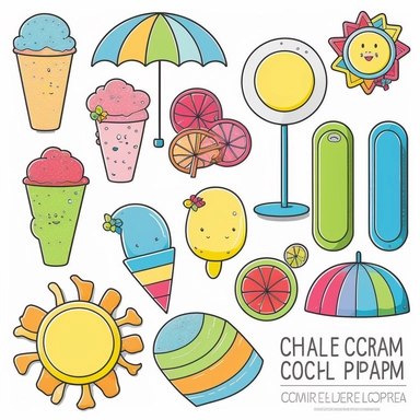 Please create a series of color-pencil clipart illustrations featuring different items related to summer. Each illustration should be drawn in a playful and cheerful style that captures the vibrancy and warmth of the season. Items to include can be beach balls, watermelons, sun hats, flip-flops, and ice cream cones. Please use a colorful and coherent color palette that is bright and evokes the feeling of warmth and sunshine. Colors that are associated with summer, such as yellows, oranges, pinks