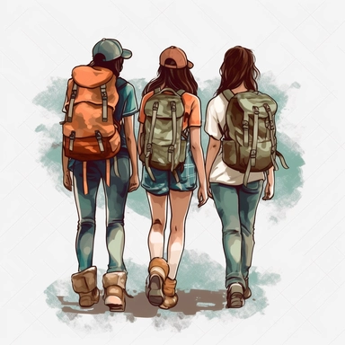 clipart, three girls hiking with backpacks and hiking outfits, back facing image, beautiful and high quality, outdoorsy, nature, friendship, isolated on transparent background, PNG format, 3000x3000 pixels