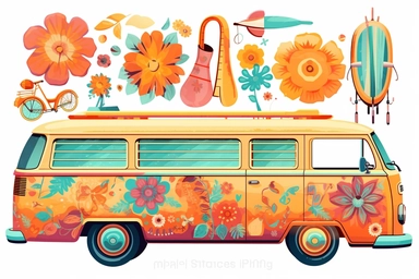 Colorful retro groovy 1970s clipart, watercolor