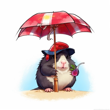 hyper-detailed clipart illustration of a happy Guinea Pig, sitting on a beach chair, wearing sunglasses and sipping a cold drink with a funny hat and a tiny paper umbrella, extreme close-up view, isolated on white background with margins, Studio Ghibli-style,