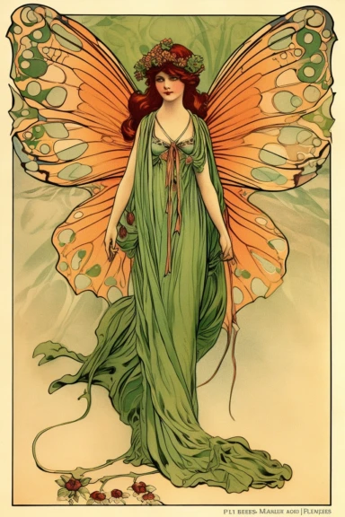 Vintage 1920 Symmetrical Fully Clothed Female Fairy with Large green Wings on its back Illustration, Chromolithograph, 1920s Illustration, Vintage, Antique, Ephemera, Clipart, 8k, on a vintage magazine cover